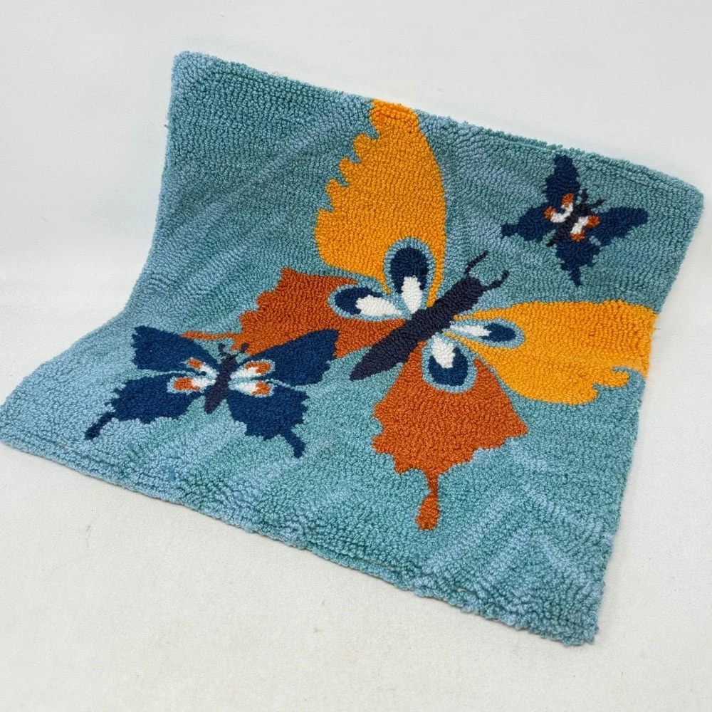 Set 2 Hooked Throw‎ Pillow Covers Butterfly Blue Orange 18x18 Colorful Fun Mod